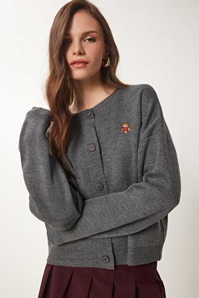 Lovelyİstanbul Ayıcık İşlemeli Düğmeli Triko Hırka ANTRASİT LDP0027