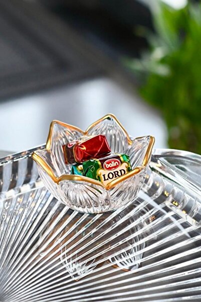 Gülümseten Avm 6 lı Cam Gold Lotus Çiçeği Kahve Yanı Sunumluk | Çizgili Origa...