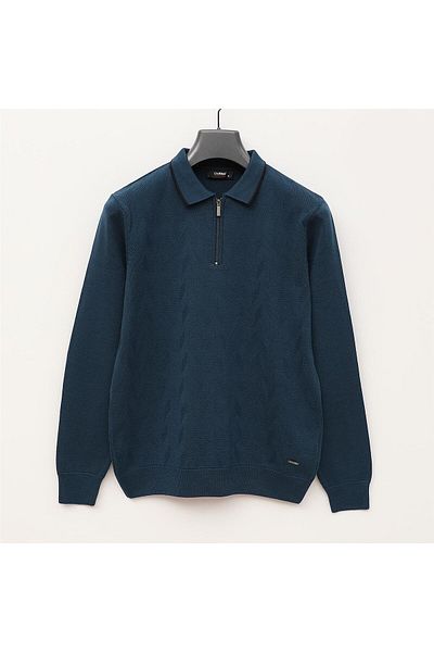 Dio Rise Men's Raffless Long Sleeve Slim Polo Neck Sweater - 189009   - Petrol