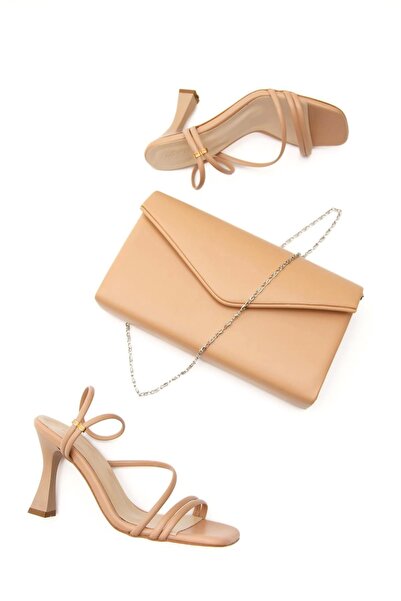 MFT AYAKKABI طقم أحذية وحقيبة نسائية صيفية بكعب رفيع باللون البيج