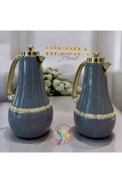 Hinora Cam Hazneli Inci Taşlı Parlak Gri Şık Termos Ikili Set 1-0.7 Litre