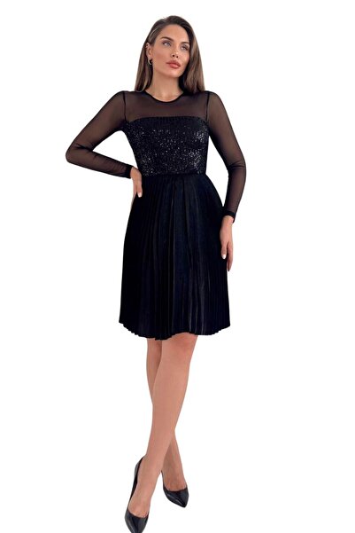 Moda Amore Kadın Elbise - Omuz ve Kollar Tül Detaylı Payetli ve Piliseli Siyah Midi Boy 028