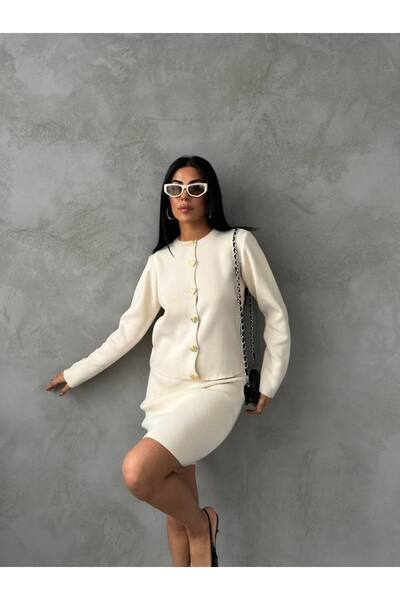 Lusin Women's Ecru Gold Heart Button Detailed Cardigan Skirt Double Knitwear Set