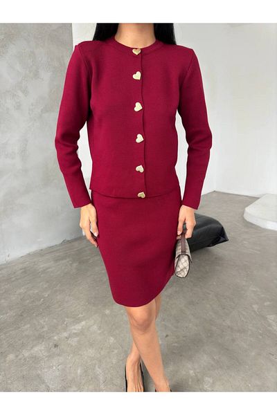 Lusin Women's Burgundy Gold Heart Button Detailed Cardigan Skirt Double Knitwear Set