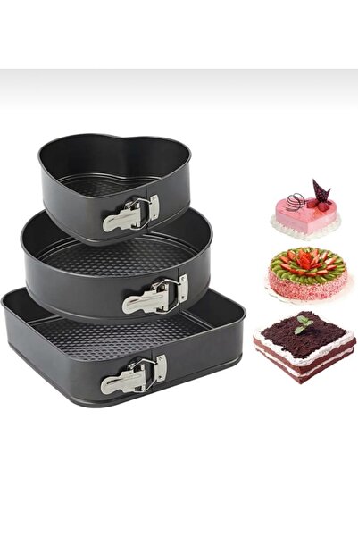 CEZVE HOME 3’lü Kelepçeli Metal Kek Kalıbı Seti Kalp Kare ve Yuvarlak