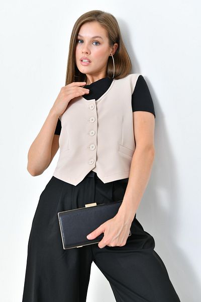 Saade Stone Fitted Buttoned Unlined Woven Vest