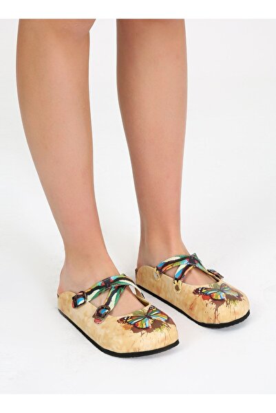Goby Kelebek Desen Baskılı Burnu Kapalı Bej Sabo Kadın Terlik