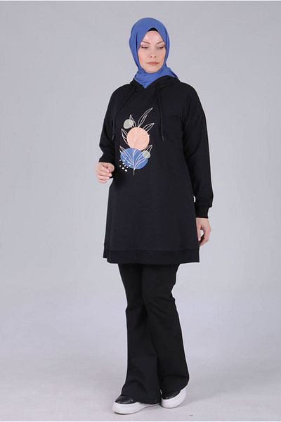 Moda Rosa 25K2054 - Black - Plus Size Hijab Printed Tunic
