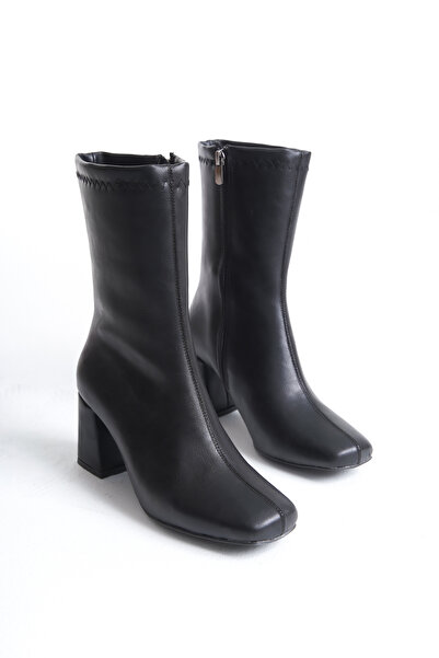 Floransa Siyah Kadın Küt Burun Topuklu Bot Orta Bot Yandan Fermuarlı