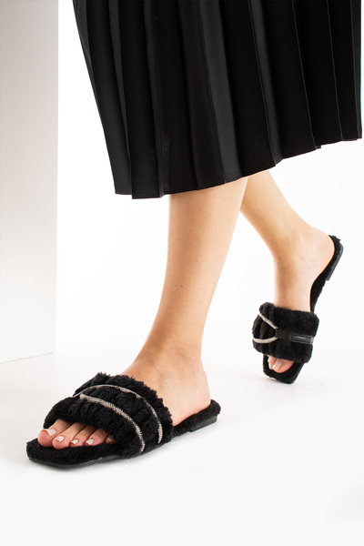 Genel Markalar SİYAH Kadın Tüylü Terlik TAŞLI ŞIK, Pofuduk Rahat Ev Terliği Ç...