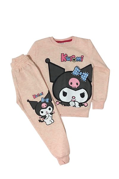 Arya Nisa Kids Girl's Cotton Raised Kuromi Figure Salmon Color Tracksuit Set