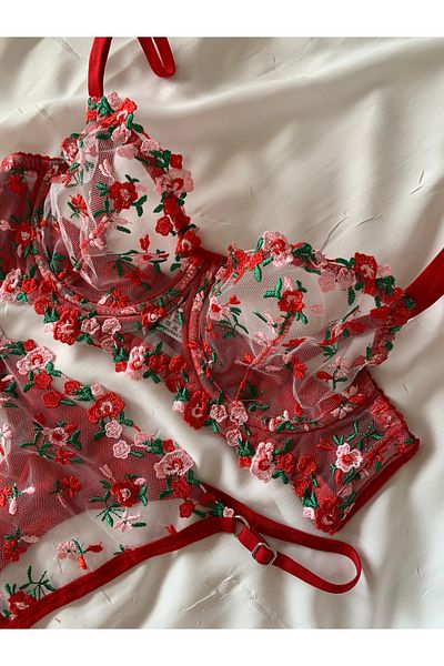 ROZENİN LINGERIE New Year's Gift Red Tiny Floral Underwire Cupless Tulle Bra Set