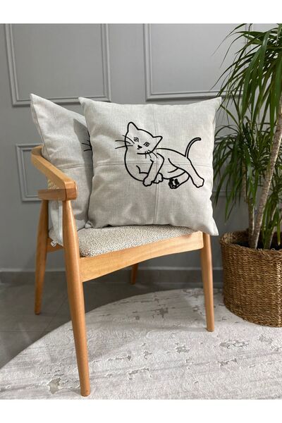 CasaMiraButik 2'li Kedi Desenli Dekoratif Nakışlı Kırlent Kılıfı