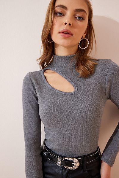 Lovelyİstanbul Cut Out Detailed Ribbed Knitted Blouse Smoked Lgt0016