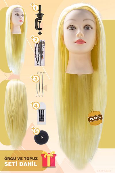 İnter Hairdresser Training Manikin - Fiber Synthetic Platinum Head 65 cm with Braid and Bun Set