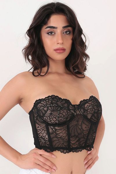 Brandpanty Bustieră crop top pentru femei cu imprimeu floral din tul negru - fără bretele și cu sârmă 5630082 -Chole