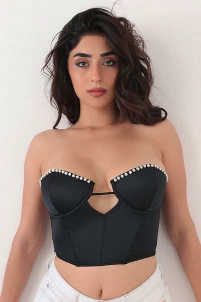 Brandpanty Bustieră neagră Sophie Crop Top pentru femei - fără bretele, detalii perle și spate cu sârmă din tul 5630084