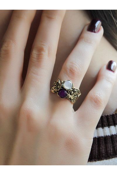 esha Natural Stone Double Flower Motif Women's Ring Amethyst - Ancient and Adjustable Euy22Aamt
