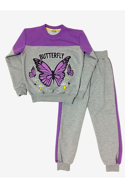 Arya Nisa Kids Girls' Raised Purple Butterfly Butterfly Long Sleeve Tracksuit Set with Stripe Sides