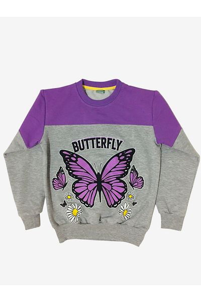 Arya Nisa Kids Girls' Raised Purple Butterfly Butterfly Long Sleeve Tracksuit Set with Stripe Sides