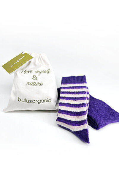 Buluş Organic 2'li Çocuk Mor-Çizgili Kışlık Kalın Organik Yün Soket Çorap