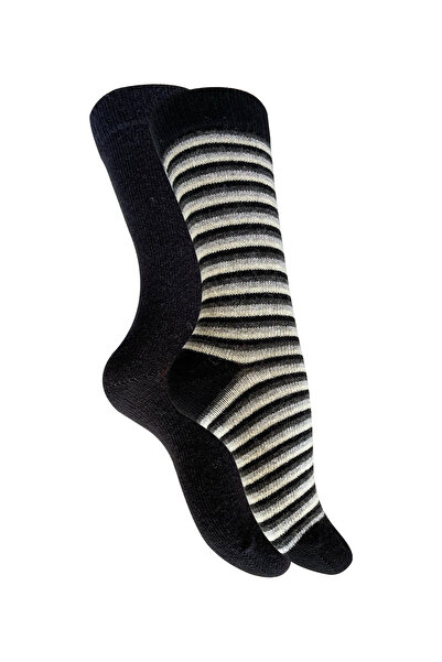 Buluş Organic Комплект от 2 детски зимни дебели чорапи до глезена от органична вълна на черни райета