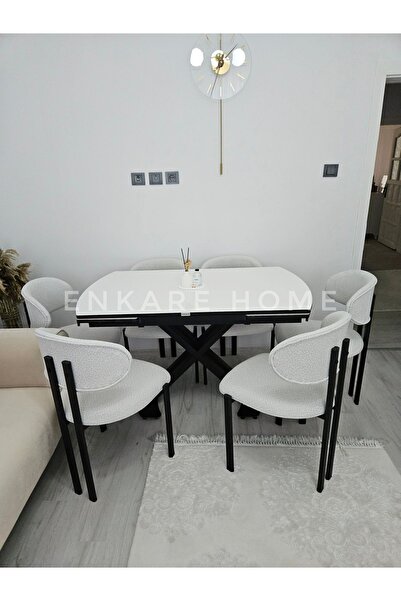 Enkare X Ayaklı Gloss Masa Teddy Kumaş Badem Sandalye, Açılır Mdf Masa Takımı 6 Kişilik