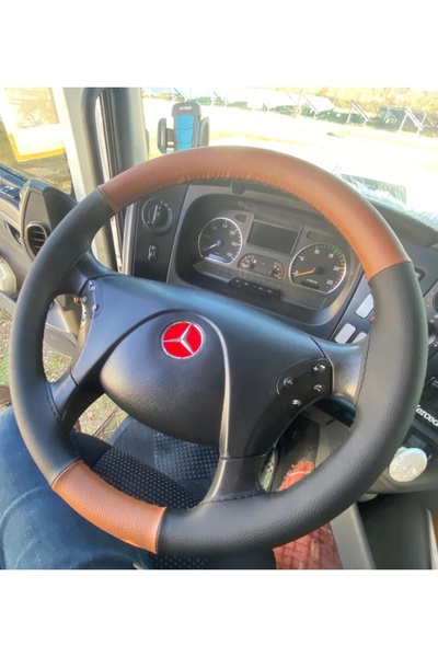 HASBAY Dikişli Direksiyon Kılıfı Taba/siyah Deri Siyah Dikişli Mercedes Tır K...