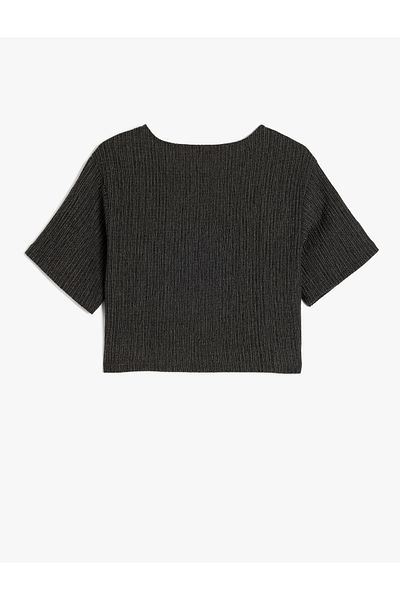 Koton Crop Blouse Short Sleeve Round Neck Tie Front