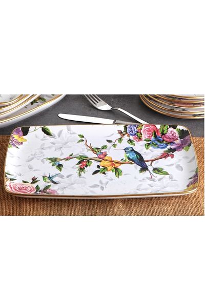 PORLİSTAN Flora 15 Pieces Ceramic Breakfast Cake Presentation Plate Set for 6 Persons