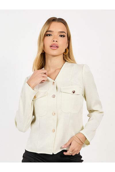Styli Tweed V Neck Blouse with Chest Pocket Details