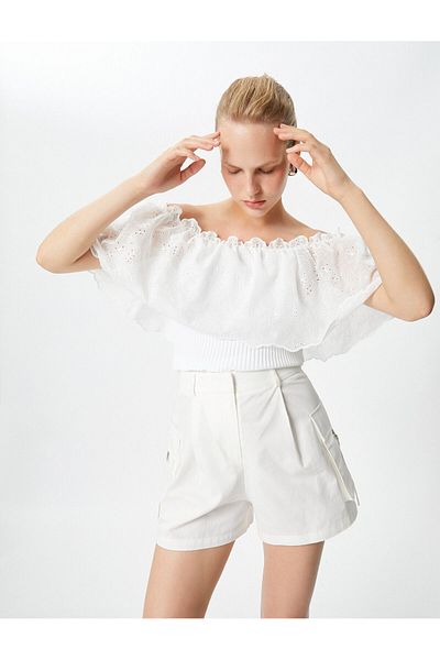 Koton Schulterfreie Bluse mit Madonna-Ausschnitt – Rüschen und geripptem Scallop-Detail