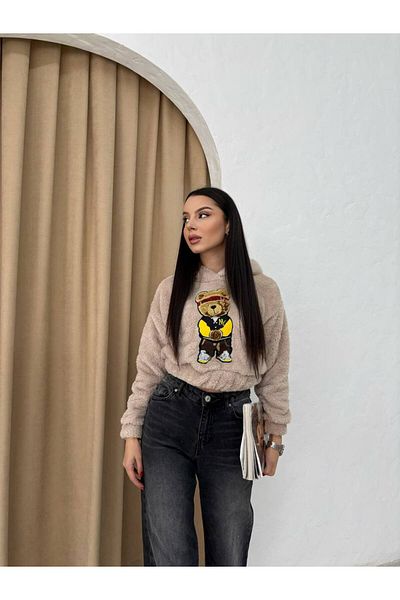İLKCET MODA Φούτερ με κουκούλα βελούδινο αρκουδάκι με κέντημα