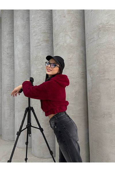 İLKCET MODA Hanorac crop brodat cu glugă de pluș