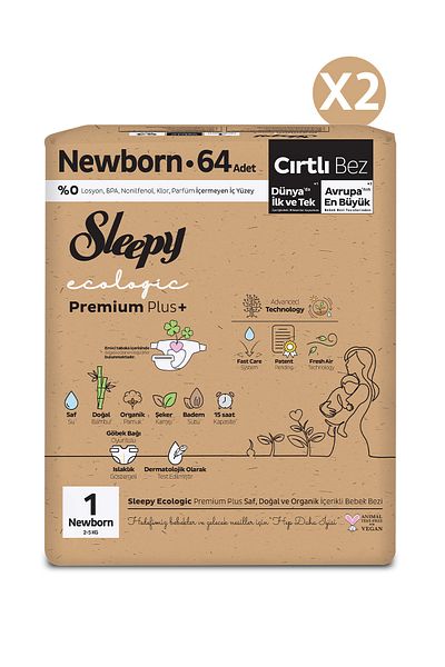 Sleepy Ecologic Premium Plus Super Pack Baby Diapers Size 1 Newborn 128 Pieces