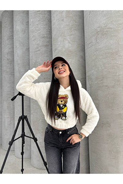 İLKCET MODA Капюшонований плюшевий ведмідь з вишивкою, укорочений світшот