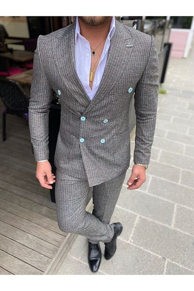 AGUSTİNİ Agustini - Grey Turquoise Stripe Slim Fit Suit, Italian Style