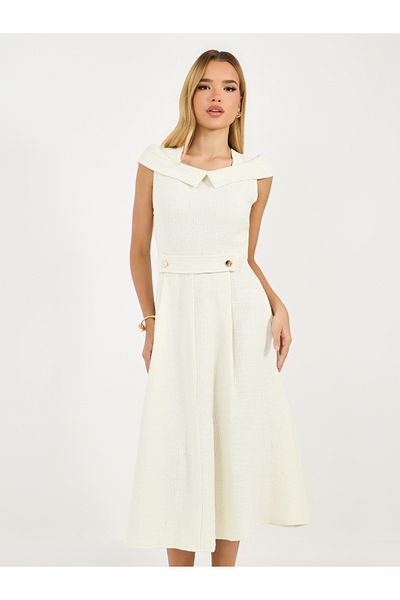 Styli Tweed Box Pleat Sleeveless A-Line Midi Dress
