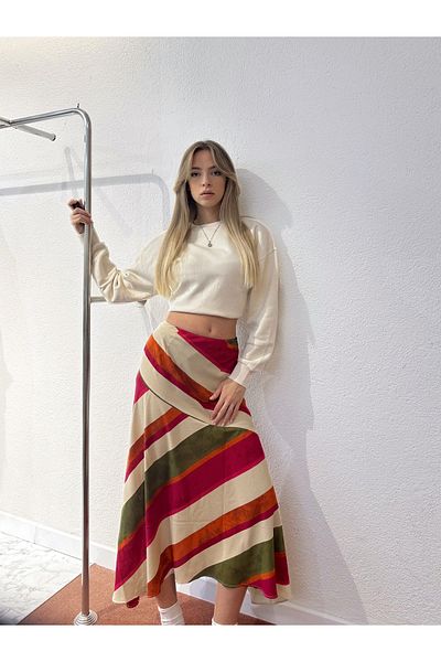 PROTO SUIT Fusta din satin colorată cu dungi asimetrice