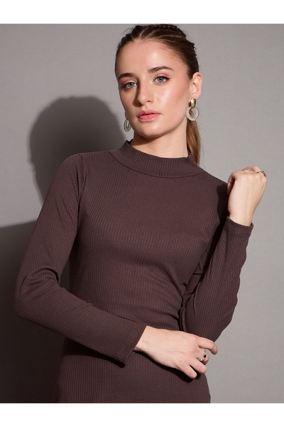 Sassafras By Styli Ribbed Bodycon Midi Dress with Back Slit