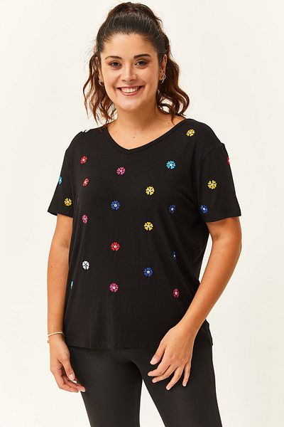 Ebsumu Women's Plus Size V-Neck Colorful Flower Embroidered Black Blouse