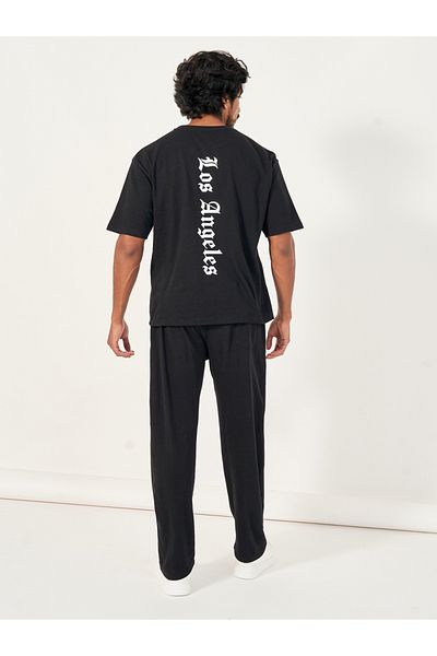 Styli Back Print Oversized T-Shirt & Open Hem Joggers Interlock Co-Ords