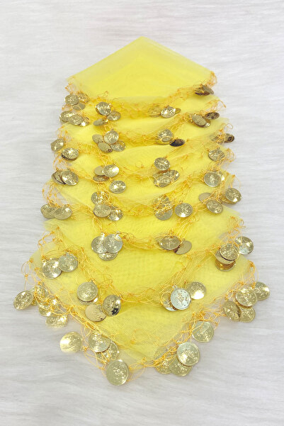 ZEYMERADE Sarı Gold Pullu Tül Halay Mendili 1 Adet, Gelin Damat Düğün Kına Sü...