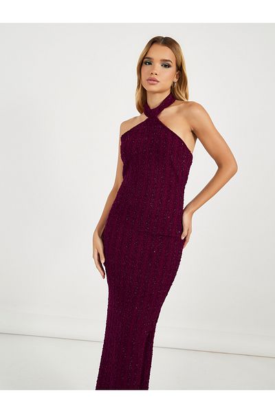 Styli Embellished Halter Neck Bodycon Maxi Dress