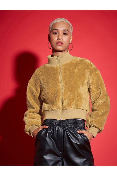 Sassafras By Styli Faux Fur High Neck Crop Bomber Jacket
