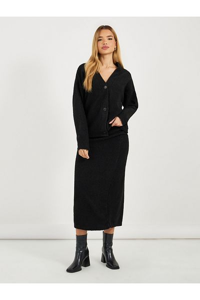 Styli Faux Fur Textured Buttoned Knit Top & Skirt Co-Ords