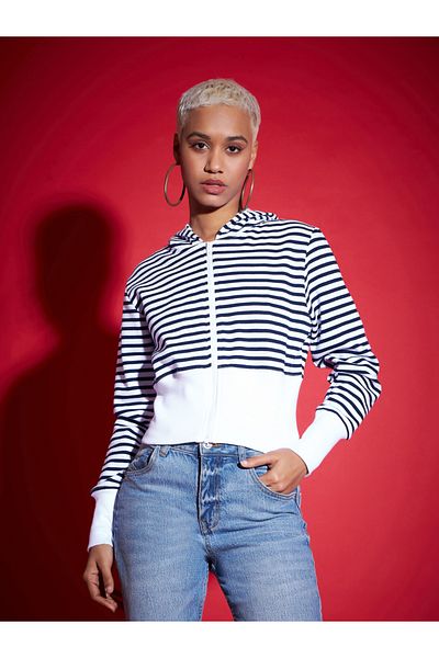 Sassafras By Styli Striped Fleece Hooded Jacket with Contrast Hem