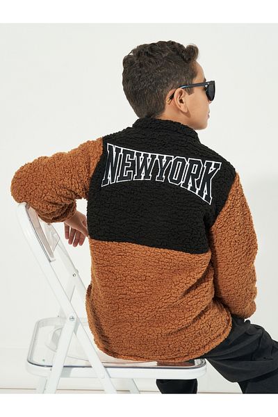 Styli Colorblock Embroidered Teddy Fuzzy Jacket
