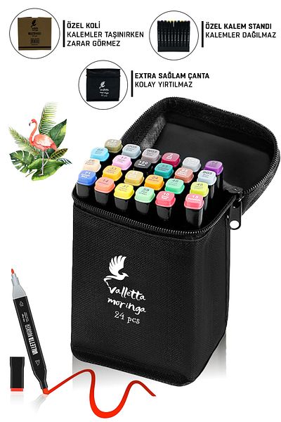 valletta Moringa 24-Piece Double Sided Art Marker Felt Tip Pen Set with Bag