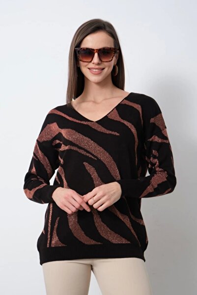 Bİ.GİYSEN Tricot de damă cu decolteu în V cu model zebră de culoare maro material elastic - Model confort de sezon nou